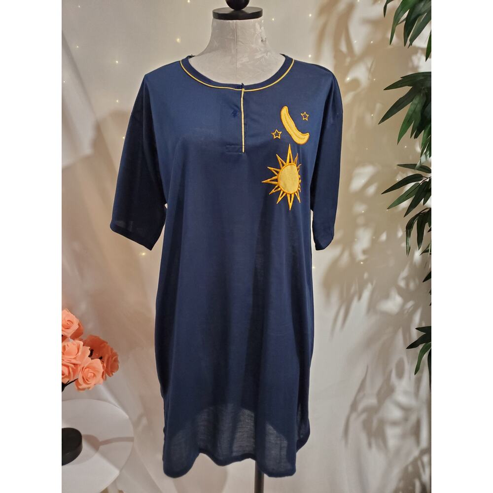 Vtg LuckyStar Womens Celestial Sun Moon Pajama Shirt Dress Size L Sleepwear Blue